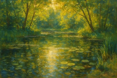 Fine art painting of lake with lilypadsn and trees